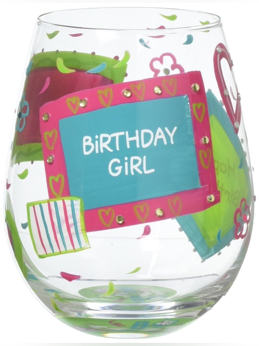 NIB Lolita Birthday Girl Stemless Wine Glass - Pink, Blue & Green